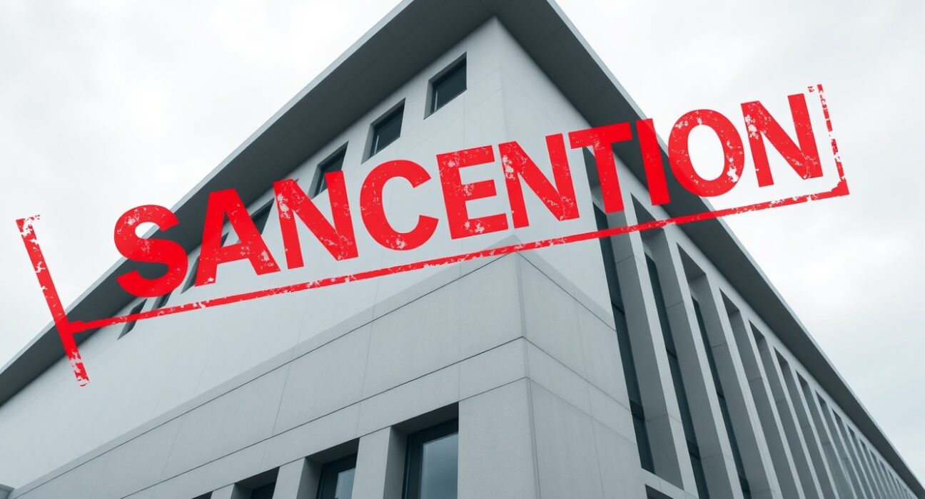 UK government building with digital cryptocurrency symbols and sanction overlay representing regulatory action against HTX exchange.