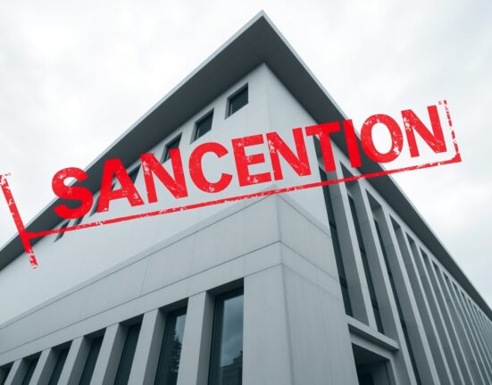 UK government building with digital cryptocurrency symbols and sanction overlay representing regulatory action against HTX exchange.