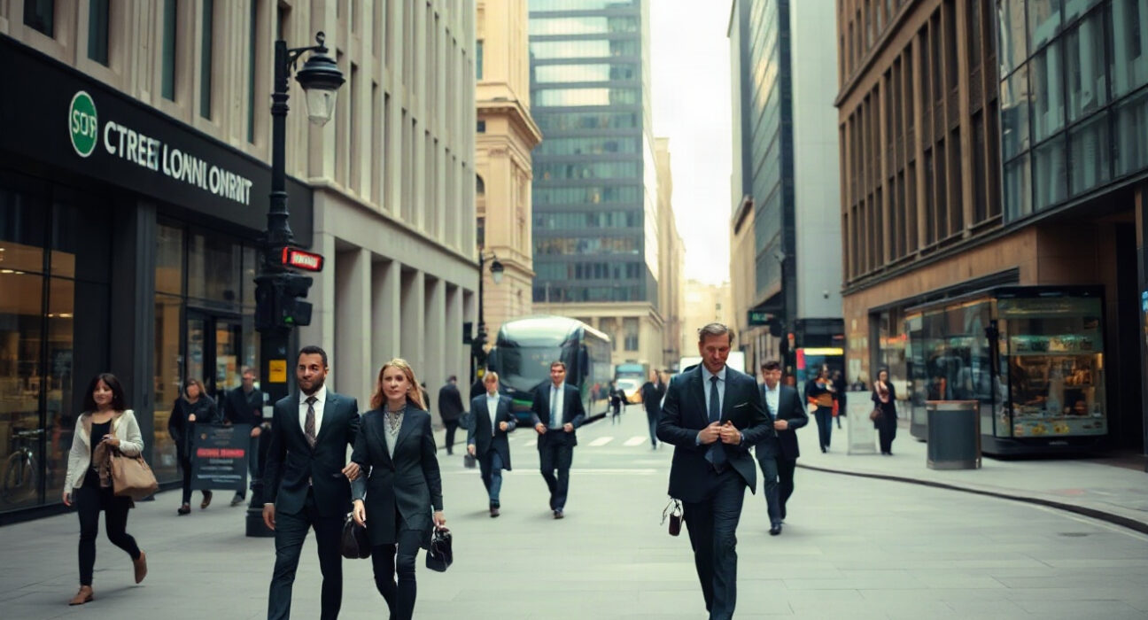 Professionals walking in London financial district reflecting services sector activity