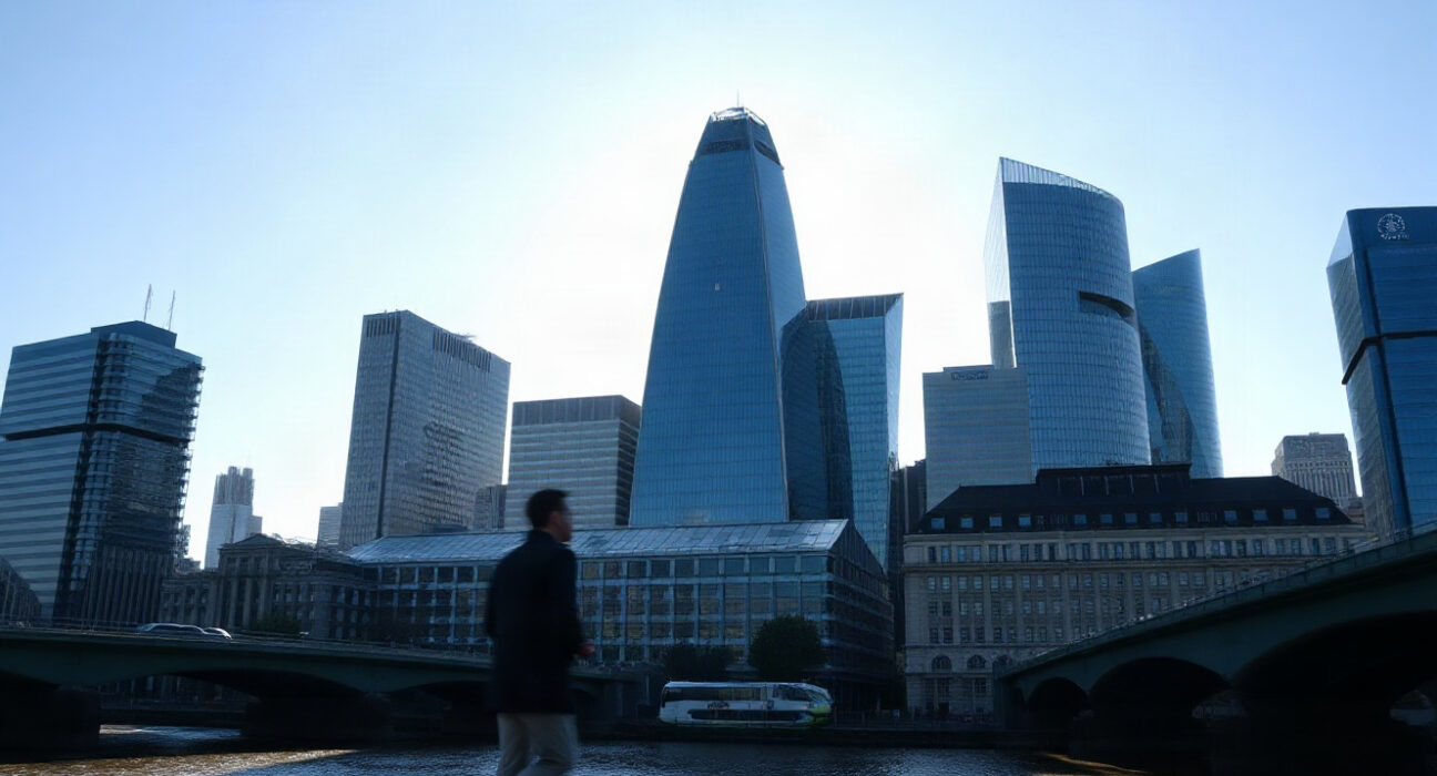 London financial district skyline at sunrise, symbolizing UK economic expansion.