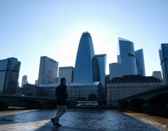 London financial district skyline at sunrise, symbolizing UK economic expansion.