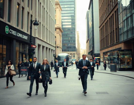 Professionals walking in London financial district reflecting services sector activity