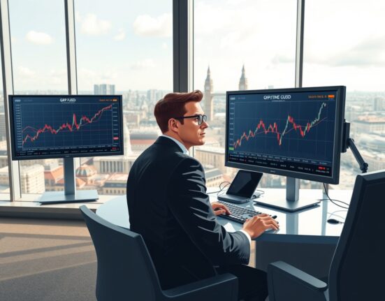 Financial analyst monitoring UK Services PMI data and GBP/USD exchange rate movements in London trading environment