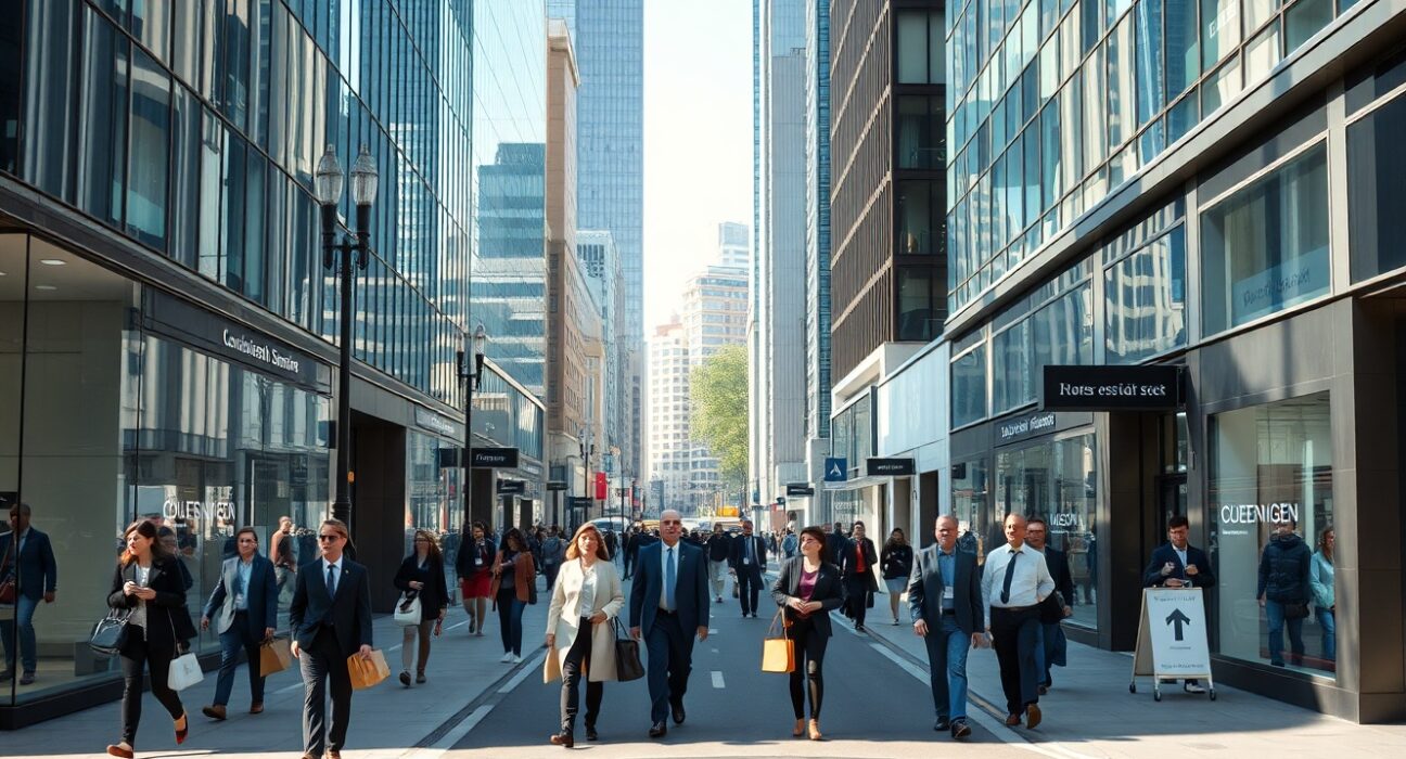 London city street with office workers and shops, representing UK services sector activity