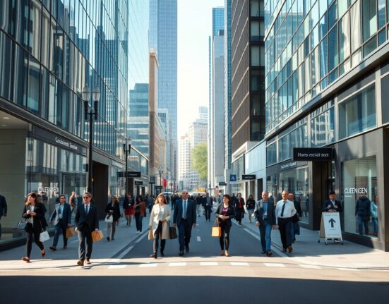 London city street with office workers and shops, representing UK services sector activity