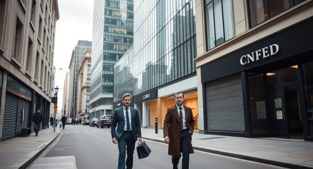 Empty business street in the City of London on a cloudy day, reflecting subdued economic activity after weak UK services PMI data.
