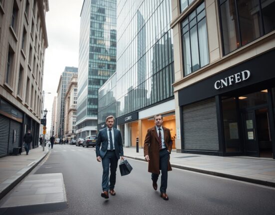 Empty business street in the City of London on a cloudy day, reflecting subdued economic activity after weak UK services PMI data.