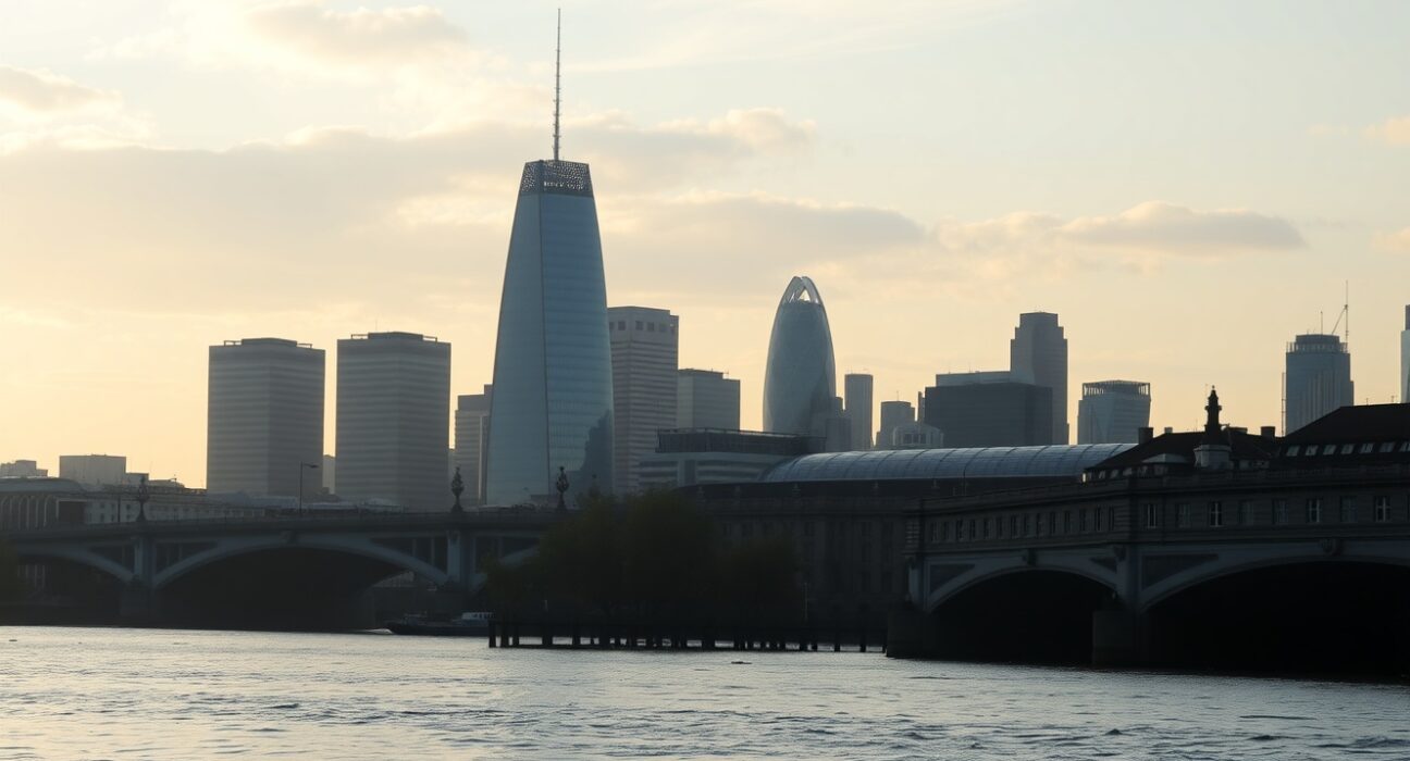 Panoramic view of the London financial district skyline at dawn, illustrating the UK services sector and economic data.
