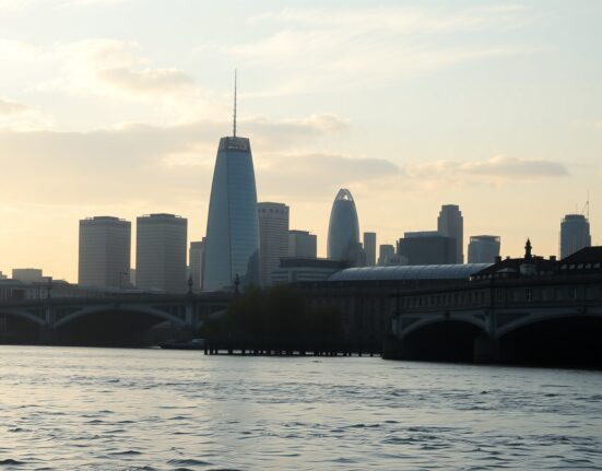 Panoramic view of the London financial district skyline at dawn, illustrating the UK services sector and economic data.