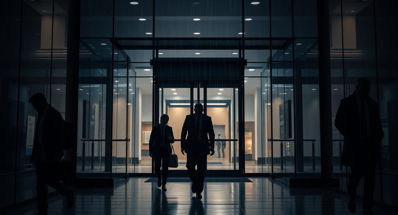 Dimly lit London office building lobby with few professionals walking, symbolizing UK services sector contraction.