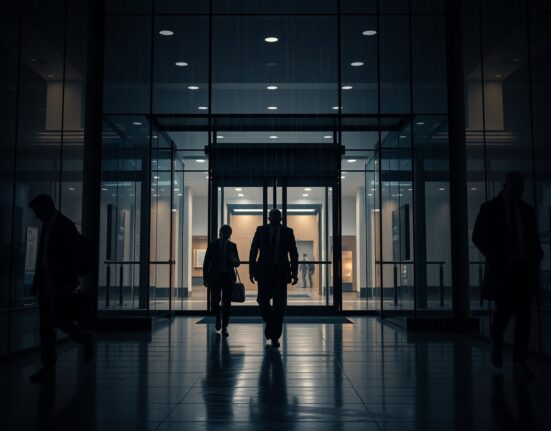Dimly lit London office building lobby with few professionals walking, symbolizing UK services sector contraction.