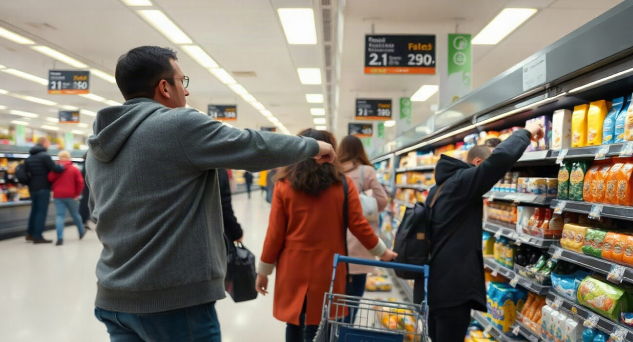 Shopper in a UK supermarket aisle looking at a price tag on a shelf