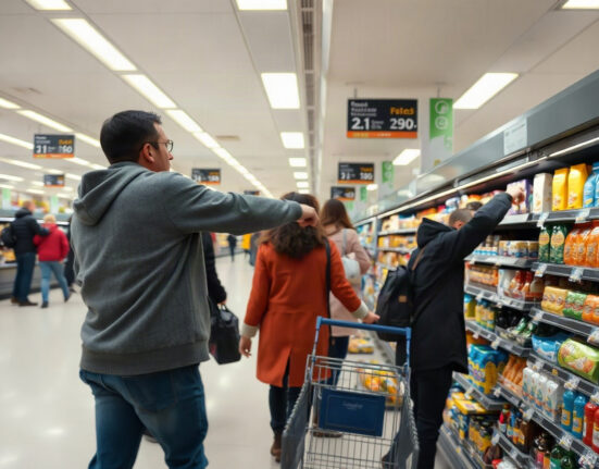 Shopper in a UK supermarket aisle looking at a price tag on a shelf
