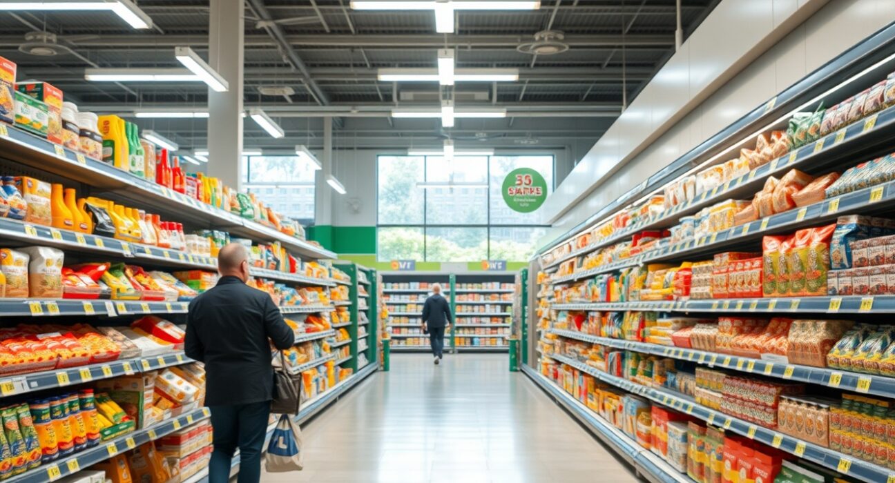 Shopper looking at price tags on shelves in a UK supermarket, representing retail inflation data.