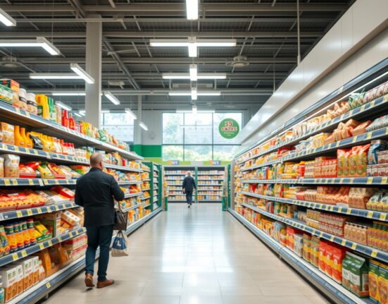 Shopper looking at price tags on shelves in a UK supermarket, representing retail inflation data.