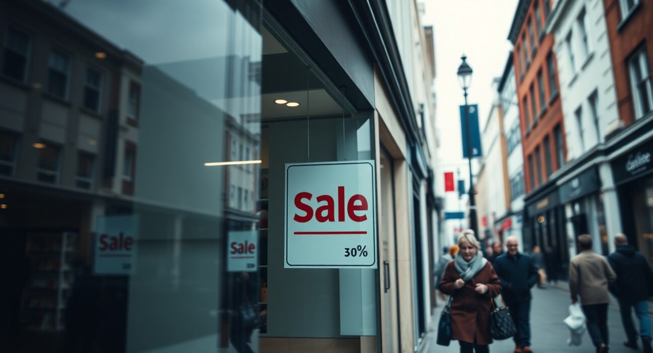 UK high street retail storefront with price signs on a cloudy day