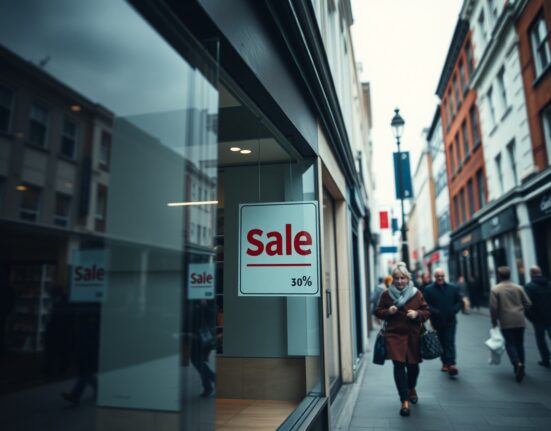 UK high street retail storefront with price signs on a cloudy day