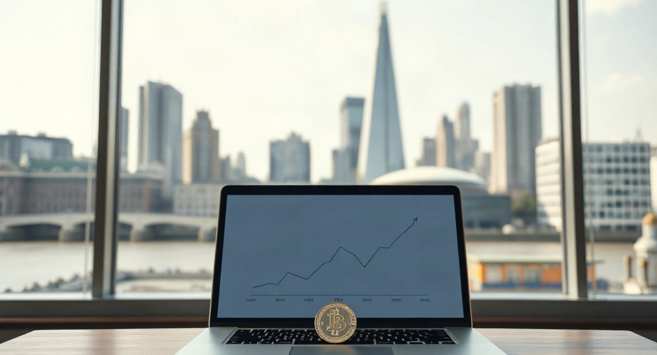 London financial district with a laptop and digital coin symbolizing stablecoin tax policy changes
