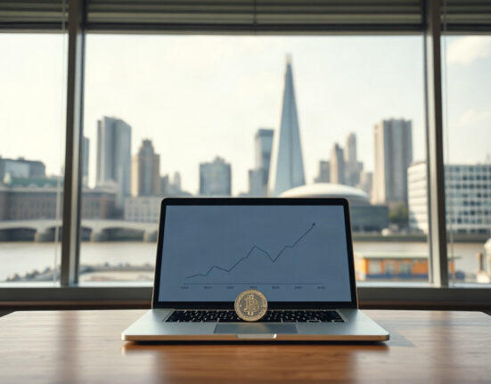 London financial district with a laptop and digital coin symbolizing stablecoin tax policy changes