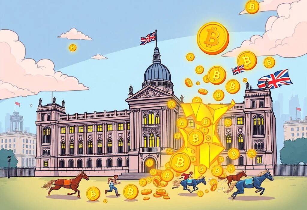 Cartoon illustration showing the UK developing a robust UK stablecoin strategy to stay competitive in the global digital economy.