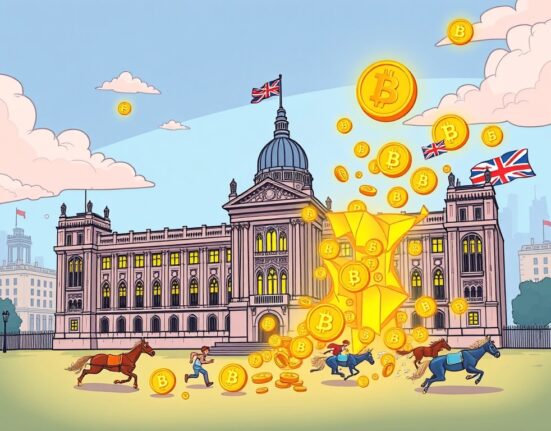 Cartoon illustration showing the UK developing a robust UK stablecoin strategy to stay competitive in the global digital economy.