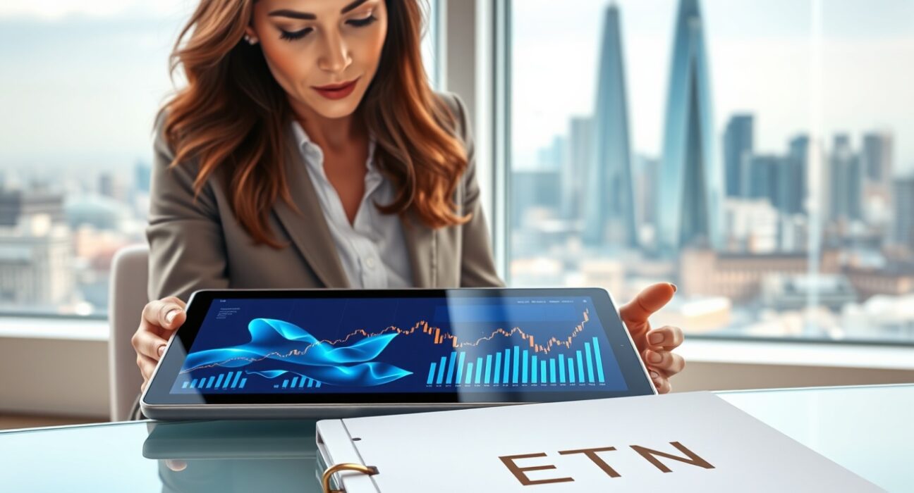 Financial analyst reviewing a crypto ETN and Innovative Finance ISA product in a London office setting.