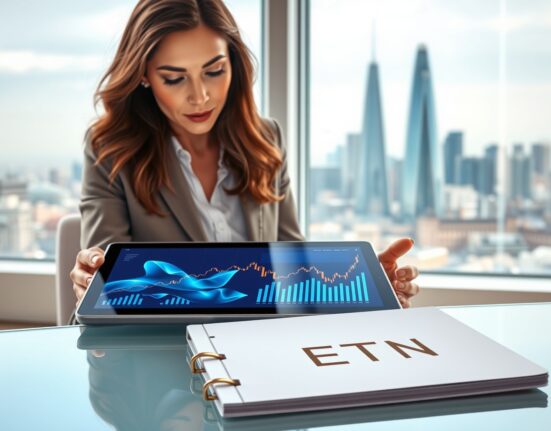 Financial analyst reviewing a crypto ETN and Innovative Finance ISA product in a London office setting.