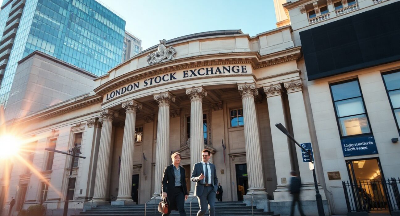 London Stock Exchange building on a clear morning, symbolizing UK market record highs