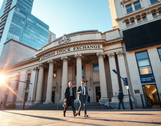 London Stock Exchange building on a clear morning, symbolizing UK market record highs