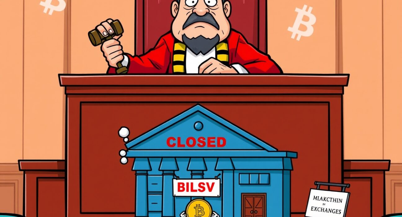 Cartoon illustration of a UK Supreme Court ruling on the BSV delisting lawsuit, showing a judge and cryptocurrency symbols.