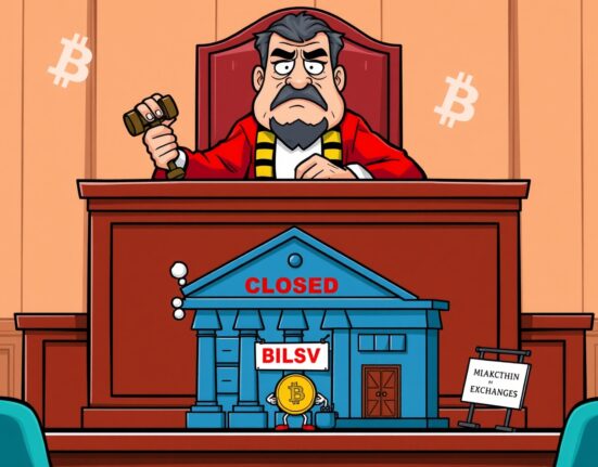 Cartoon illustration of a UK Supreme Court ruling on the BSV delisting lawsuit, showing a judge and cryptocurrency symbols.