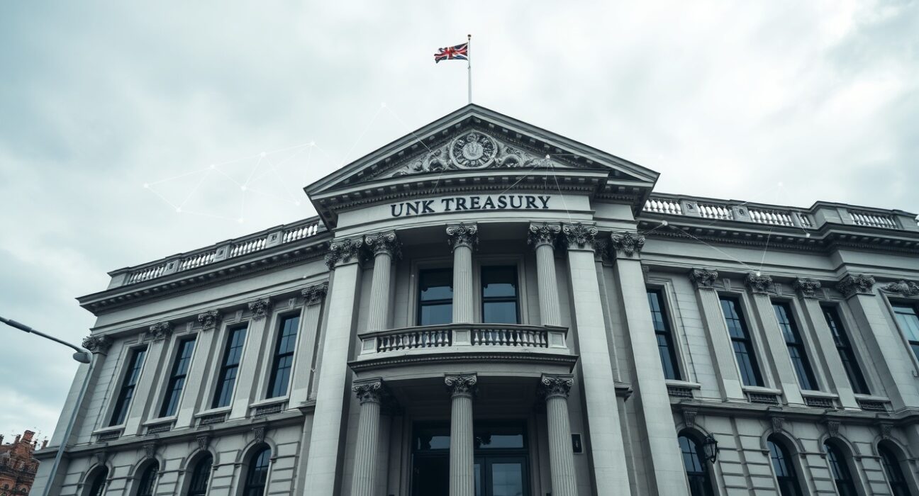 UK Treasury building in London with digital blockchain overlay representing tokenization initiative