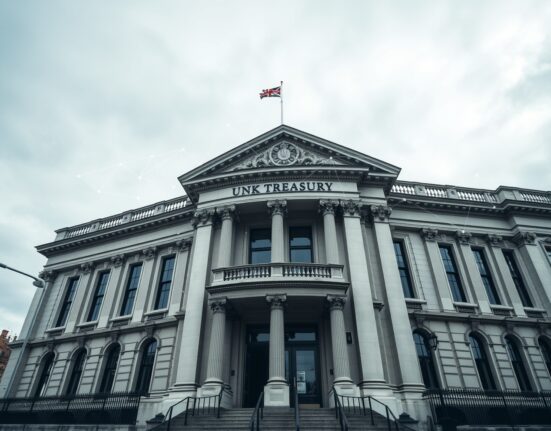 UK Treasury building in London with digital blockchain overlay representing tokenization initiative
