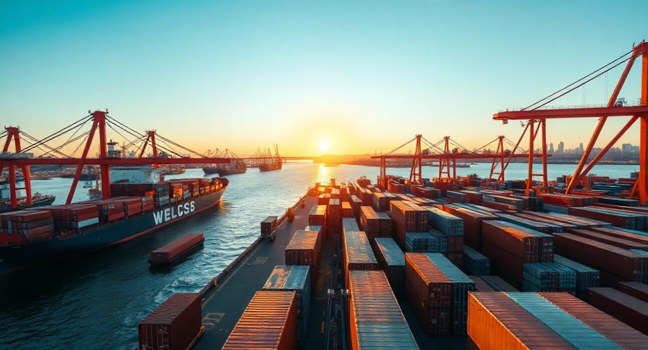 Aerial view of a busy UK container port with cargo ships and cranes at sunset