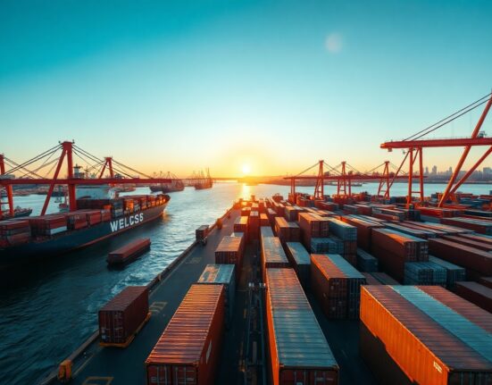 Aerial view of a busy UK container port with cargo ships and cranes at sunset
