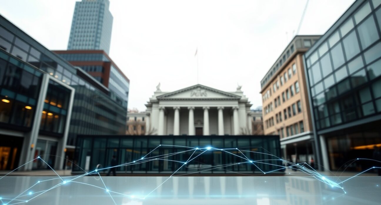 London financial district with HM Treasury building in background and digital data streams in foreground