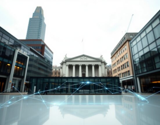 London financial district with HM Treasury building in background and digital data streams in foreground