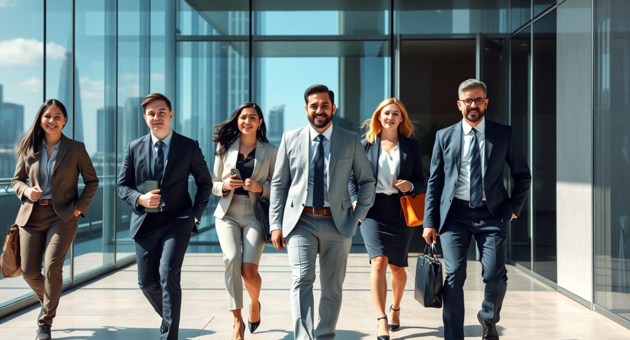 Professionals entering a London office building, representing the falling UK unemployment rate and strong labor market.