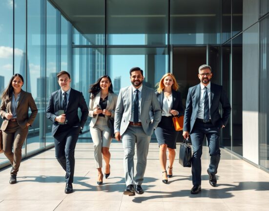 Professionals entering a London office building, representing the falling UK unemployment rate and strong labor market.