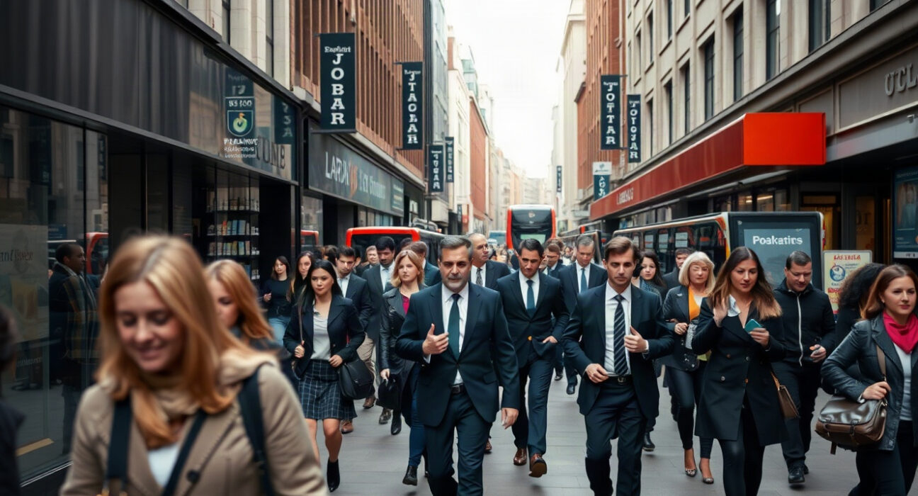 Commuters walking through a busy London financial district during a morning rush hour.