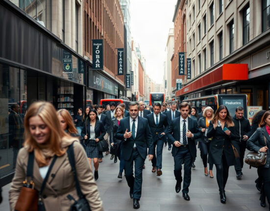 Commuters walking through a busy London financial district during a morning rush hour.