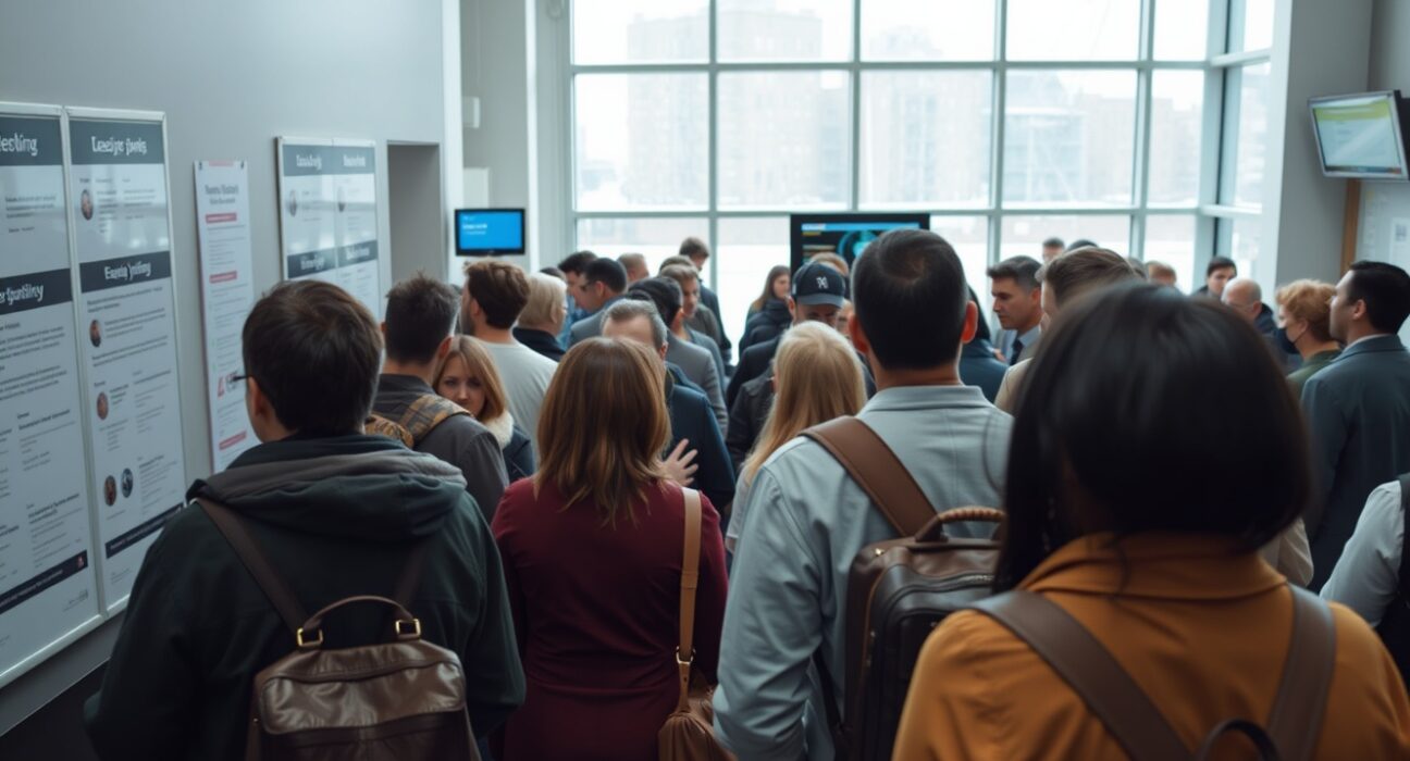 People inside a UK job center, reflecting the rise in unemployment rate to 5.0% in March 2025.