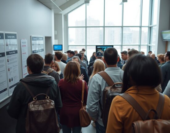 People inside a UK job center, reflecting the rise in unemployment rate to 5.0% in March 2025.