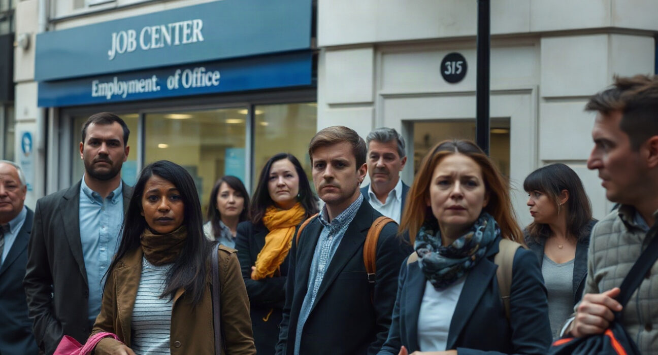 UK unemployment rate rises to 4.9% in June, above expectations, with job seekers on a city street.