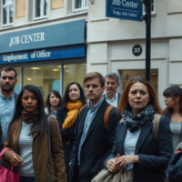 UK unemployment rate rises to 4.9% in June, above expectations, with job seekers on a city street.