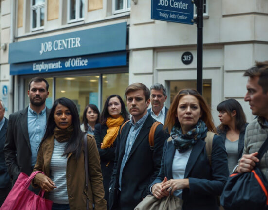 UK unemployment rate rises to 4.9% in June, above expectations, with job seekers on a city street.