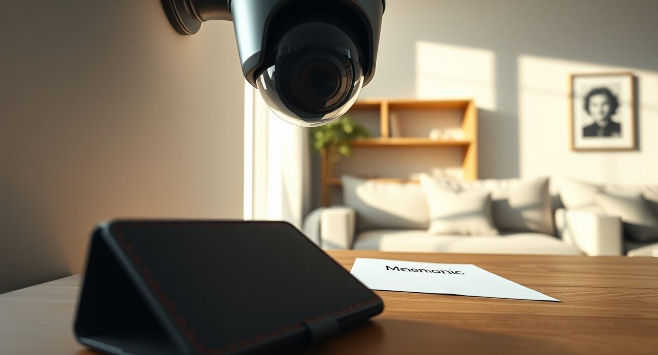 Home security camera monitoring a hardware wallet in a Bitcoin theft lawsuit case