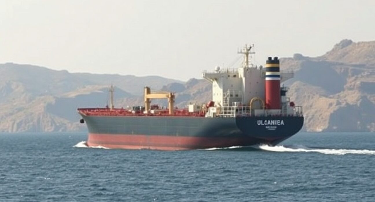 Aerial view of an oil tanker transiting the Strait of Hormuz, with the Iranian and Omani coastlines in the distance.