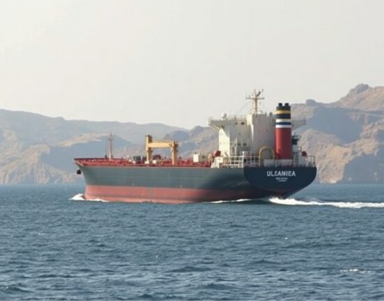 Aerial view of an oil tanker transiting the Strait of Hormuz, with the Iranian and Omani coastlines in the distance.