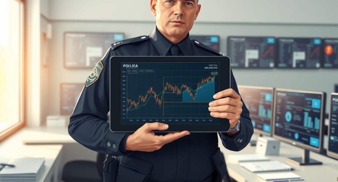 Ukrainian police officer analyzing cryptocurrency data during major cybercrime investigation and asset seizure operation.